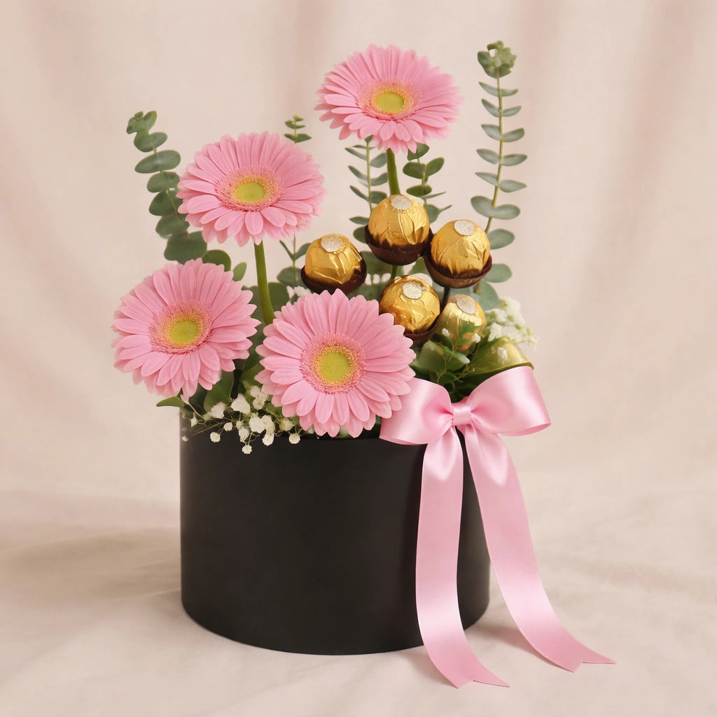 علبة زهور الجربيرا الوردية مع الشوكولاتة اللذيذة