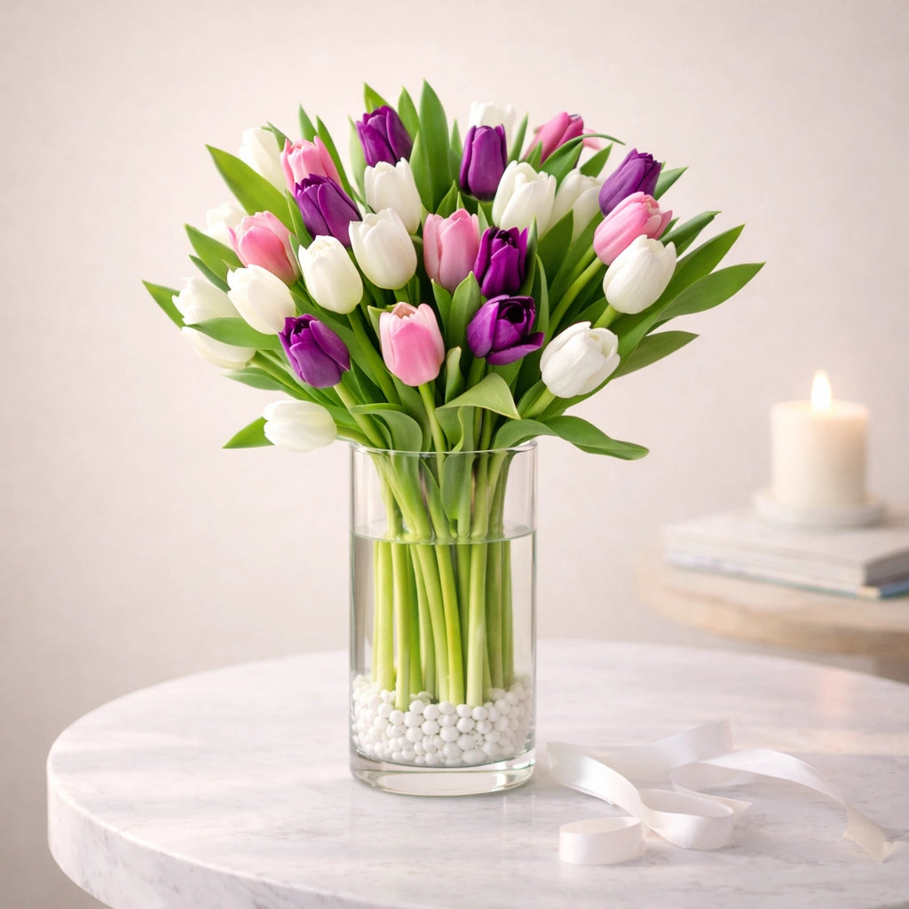 باقة زهور توليب ثلاثية أنيقة في مزهرية زجاجية طويلة