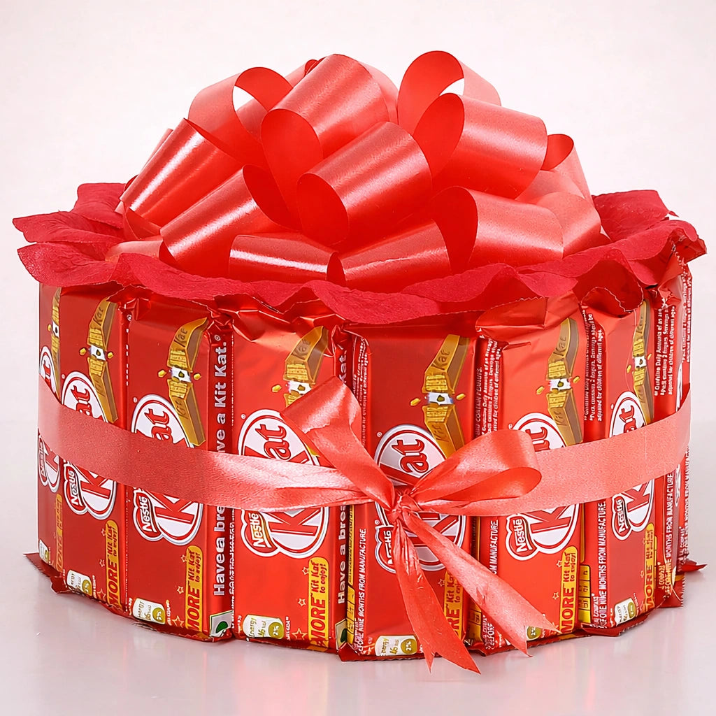 Layered KitKat gift arrangement with bow