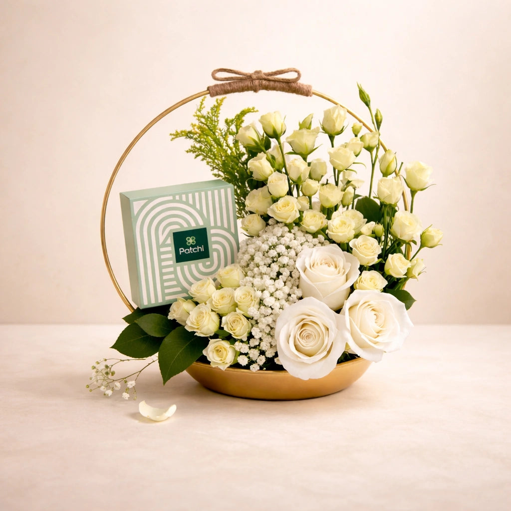 Elegant Peach Roses & Patchi Chocolate Gift Basket