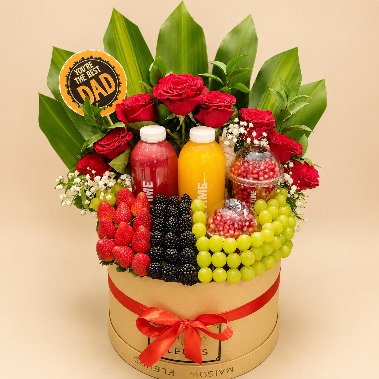Luxury Father’s Day Fruit Basket with Roses and Fresh Juices