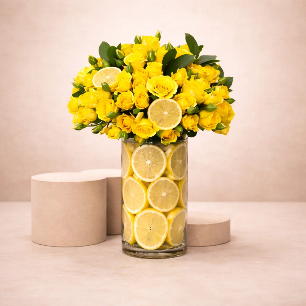 باقة فاخرة من الليمون المشمس والورد الأصفر