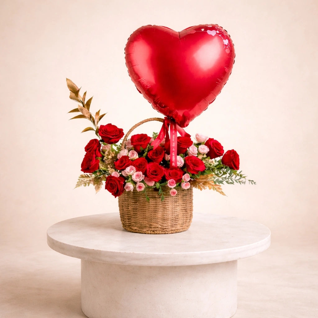 Eternal Love Rose Basket with Heart Balloon