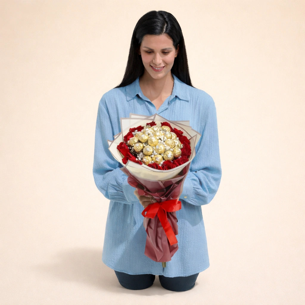 باقة من وردة العاطفة الذهبية والشوكولاتة