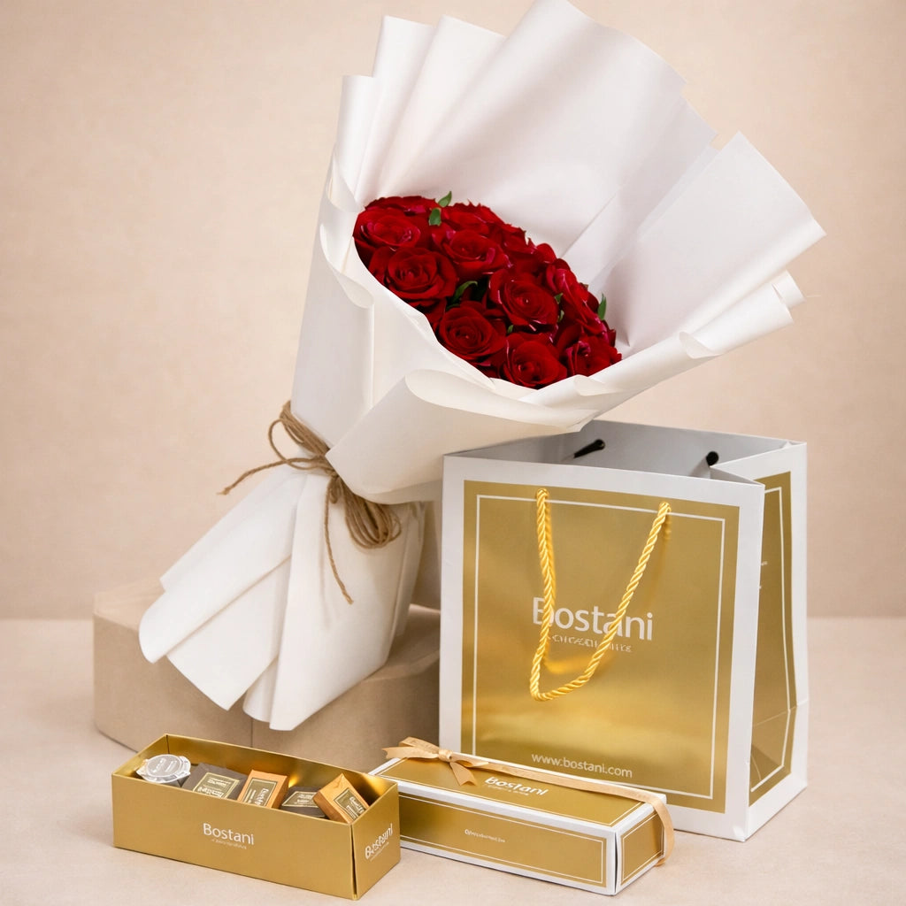 مجموعة هدايا من الورود الحمراء وشوكولاتة بوستاني