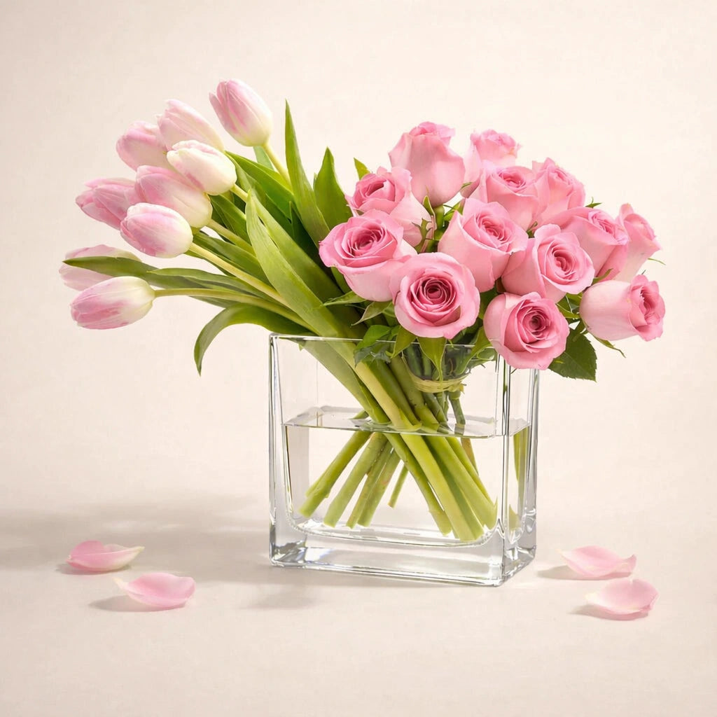 تنسيق زهور وردية اللون مع زهور التوليب في مزهرية