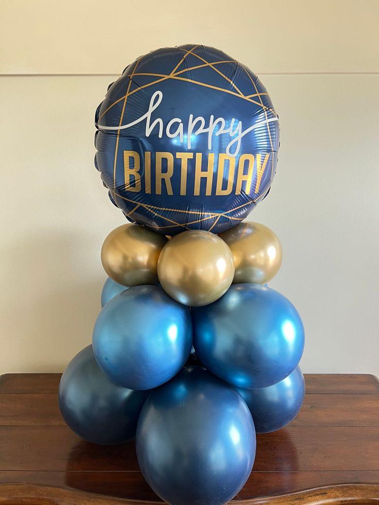 Elegant Happy Birthday Balloon Bouquet| Gold & Navy Birthday Balloon Arrangement