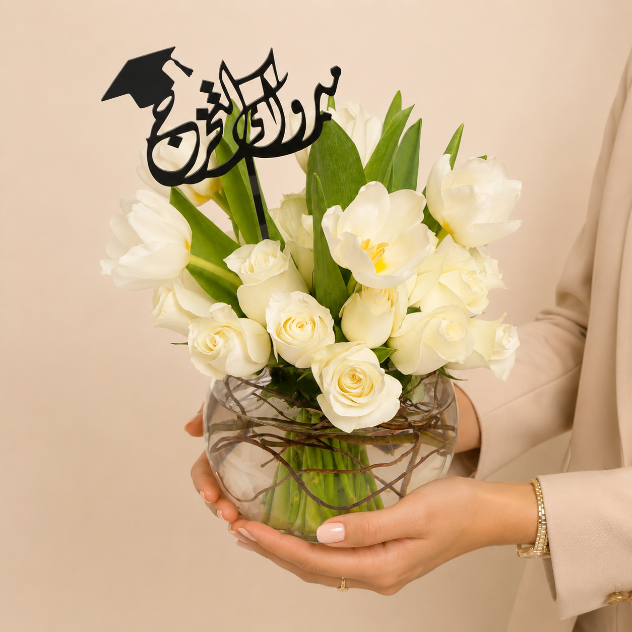 Elegant White Roses & Tulips Graduation Vase Arrangement