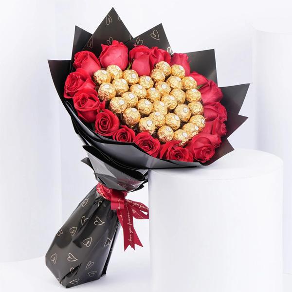 Ferrero Rocher & Red Roses Bouquet | Luxury Chocolate Flower Arrangement