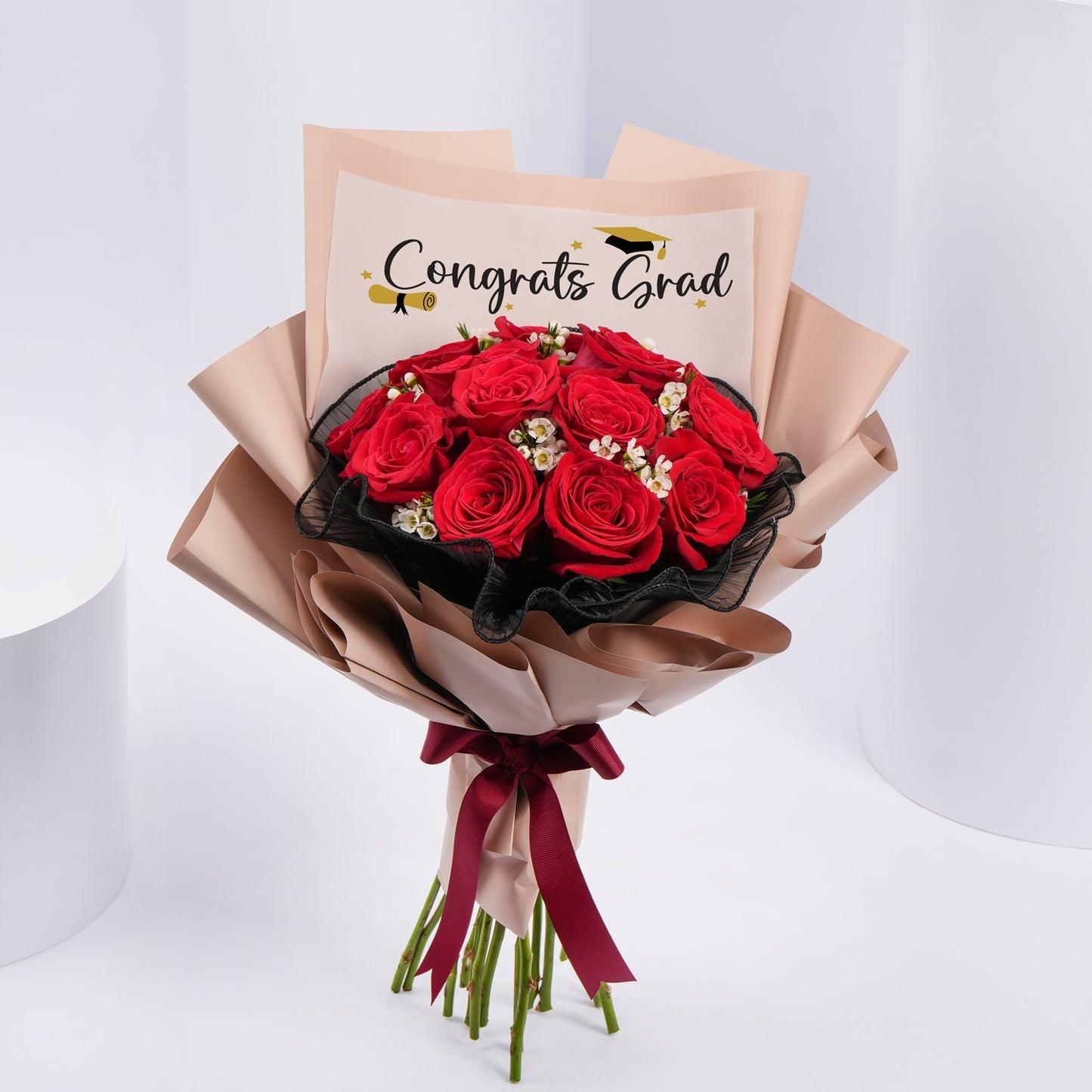 Luxury Graduation Red Rose Bouquet | Elegant Congrats Flower Arrangement