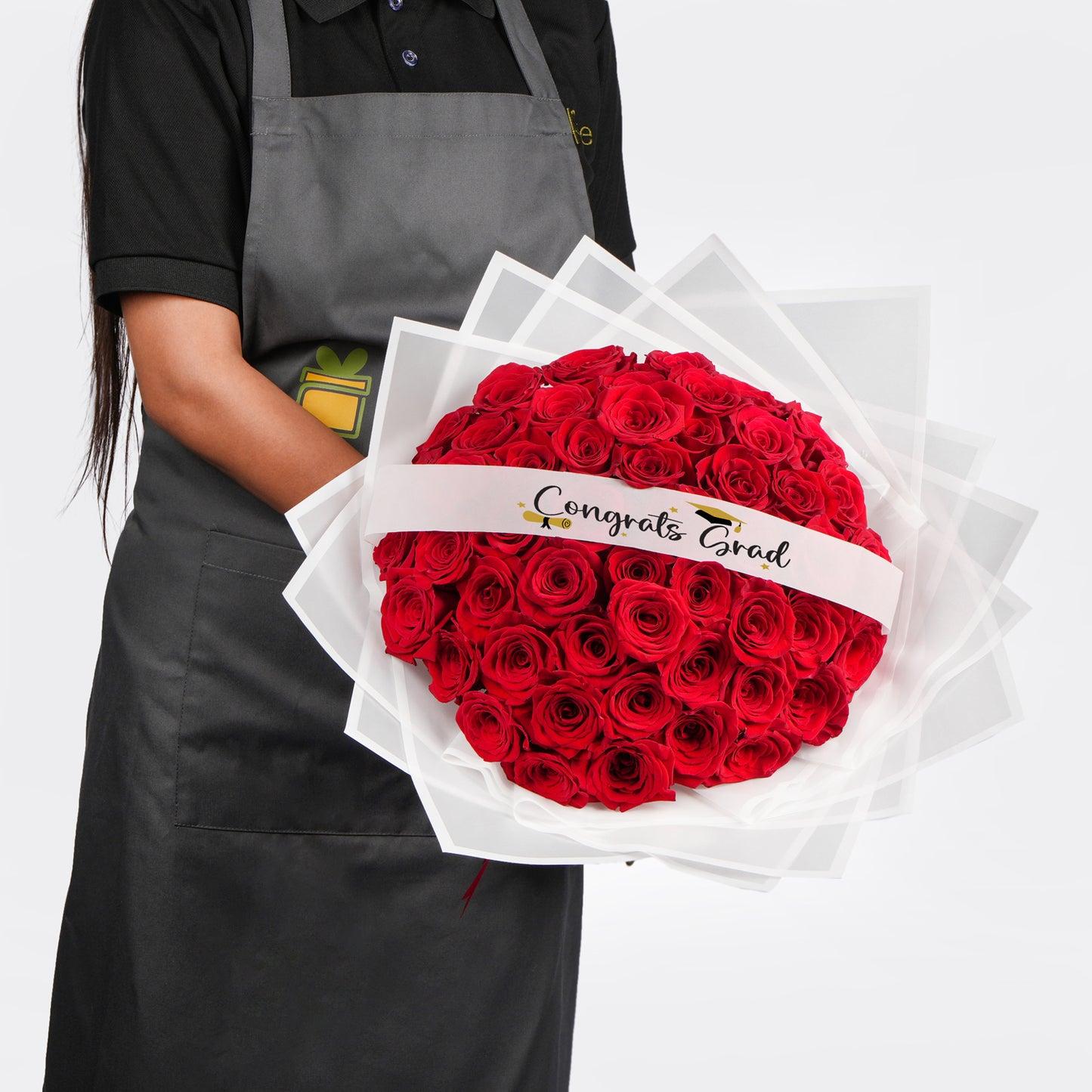 Luxury Graduation Red Rose Bouquet | Elegant Congrats Flower Arrangement