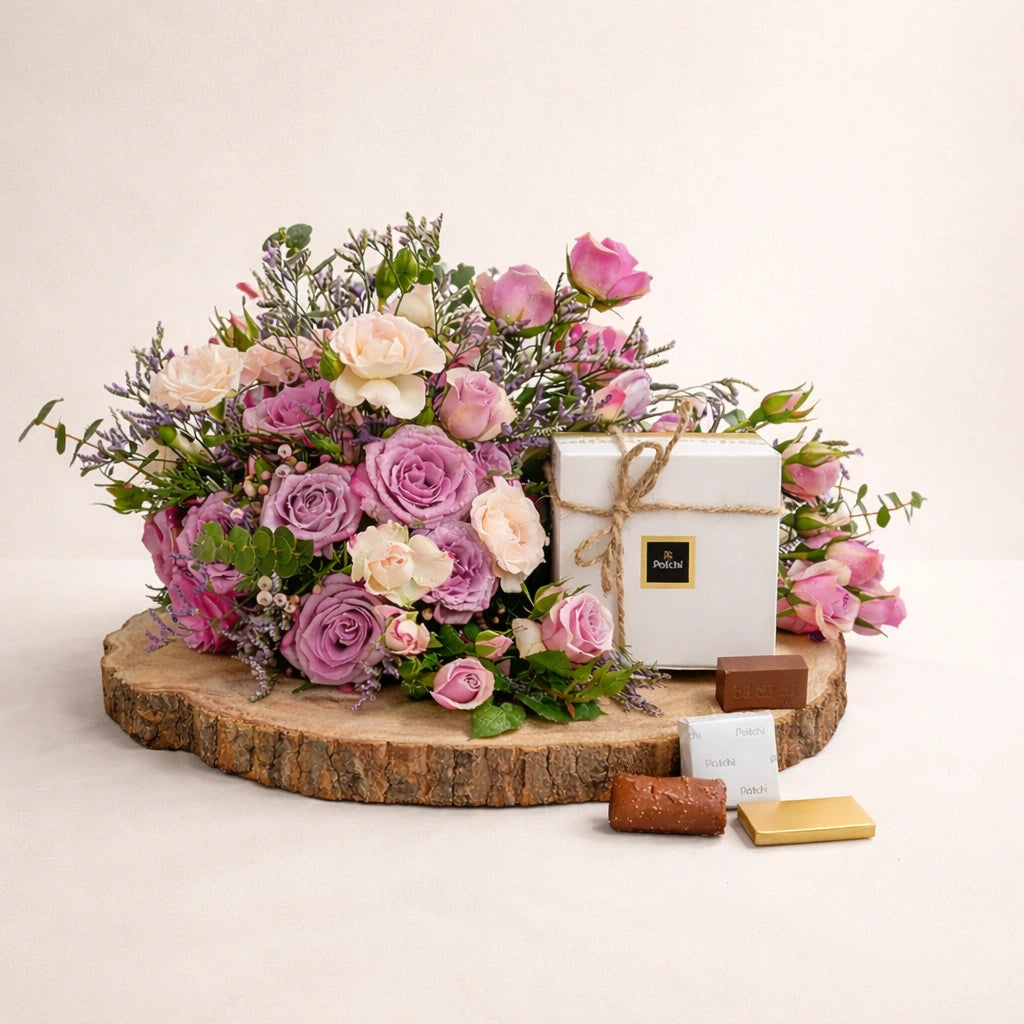 Blush Elegance Bouquet with Patchi Chocolates