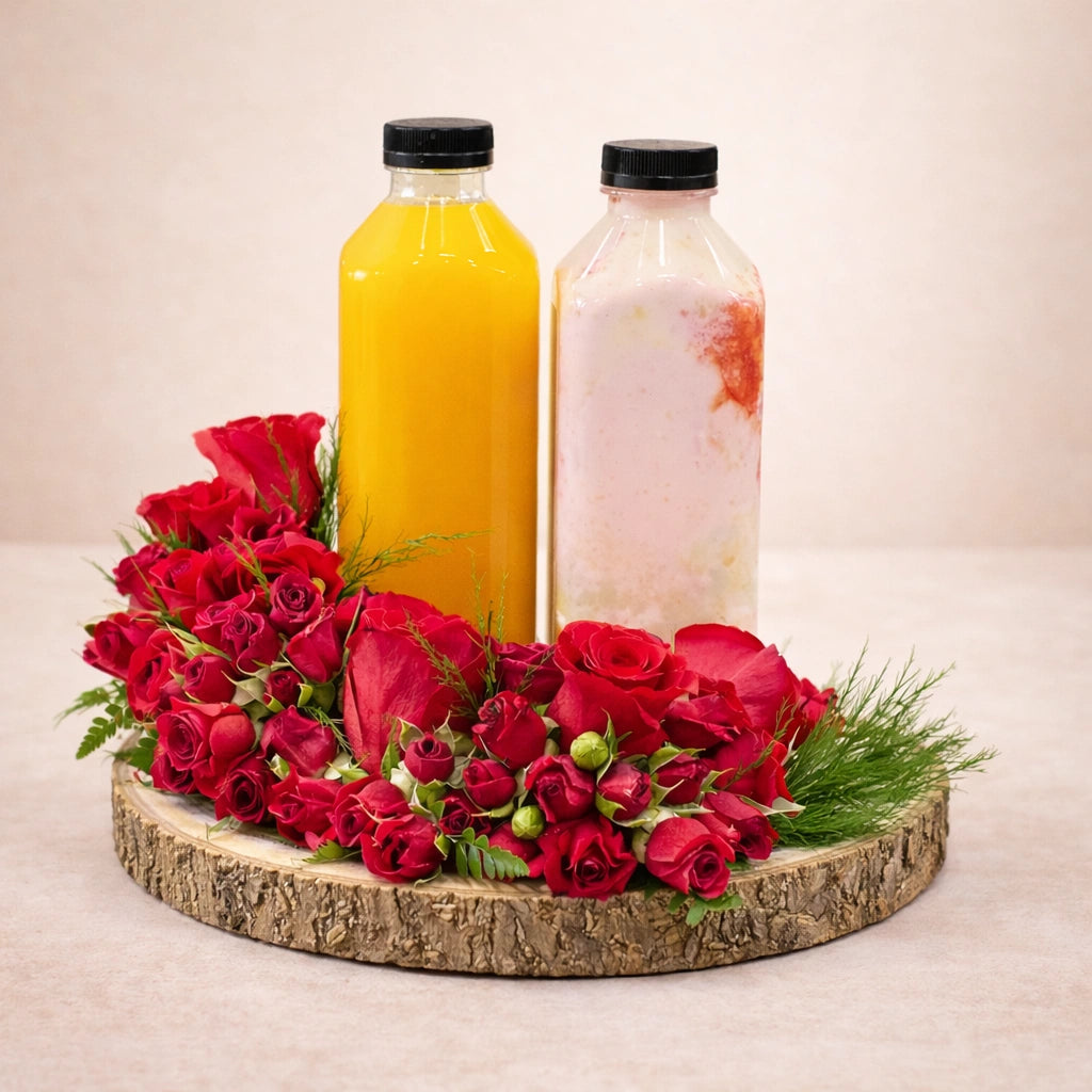 مجموعة هدايا رومانسية من الورد والعصير الطازج