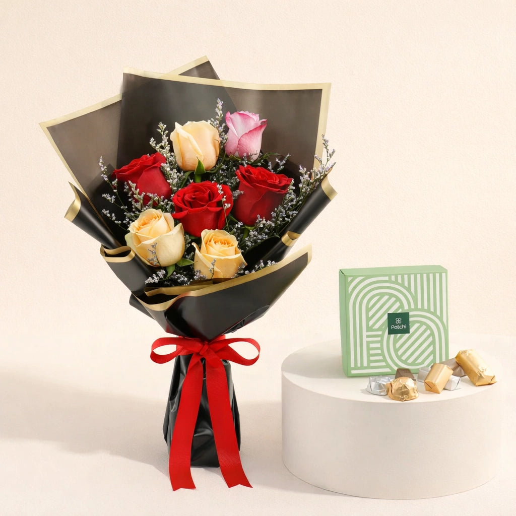 باقة ورود مشكلة وهدية من شوكولاتة باتشي