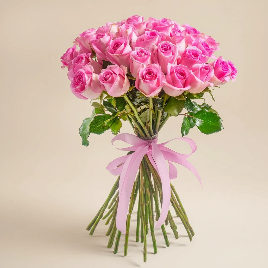 باقة أنيقة من الورود الوردية مع شريط من الساتان