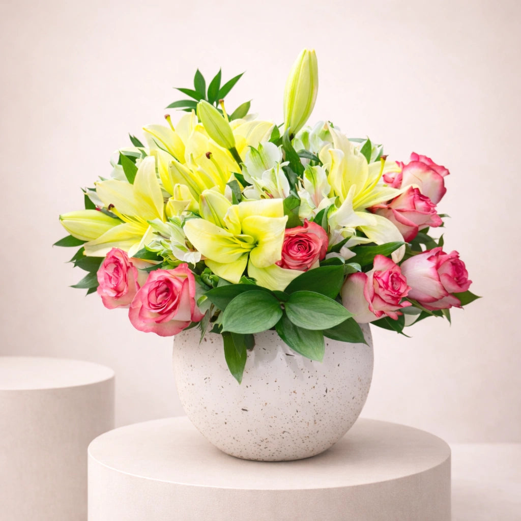 باقة أنيقة من زهور الزنبق والورود الوردية في مزهرية
